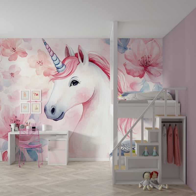 Fantasy unicorn mural in a reading nook with cozy cushions