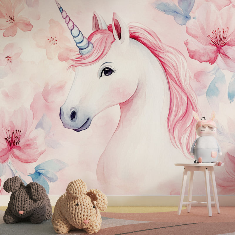 Pink floral unicorn wallpaper bringing charm to a child's study area