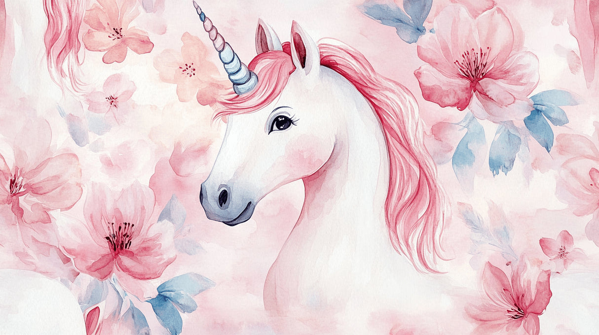 Unicorn and cherry blossom design file showing detailed watercolor pattern and soft pink tones
