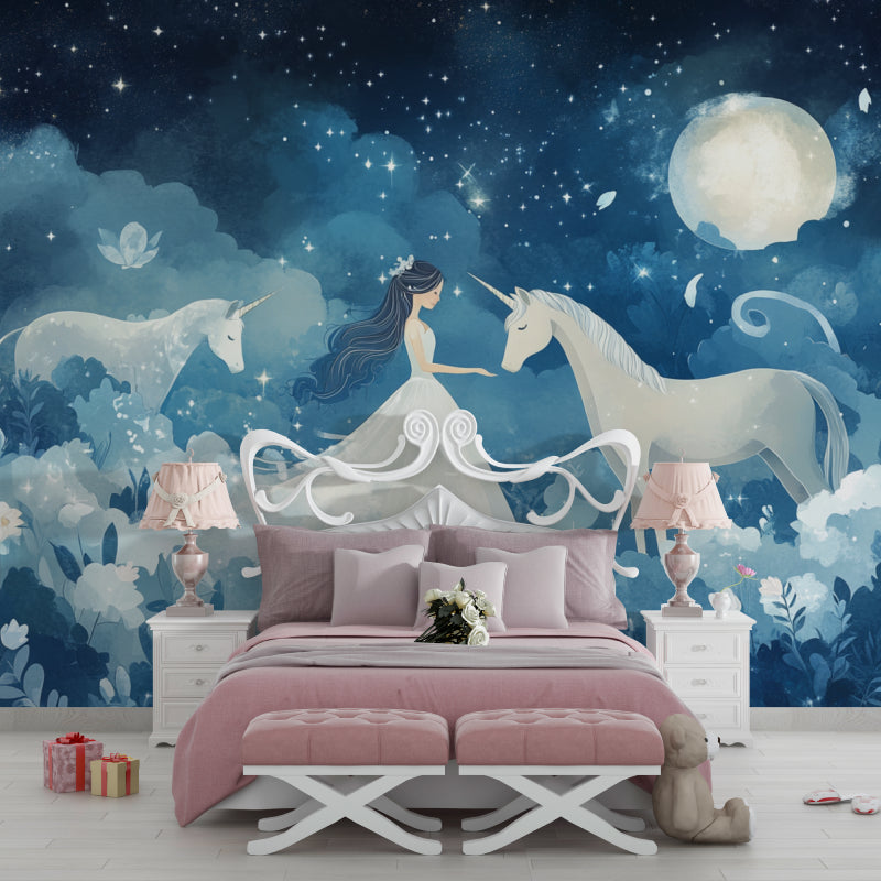 Princess unicorn wallpaper creating magic in a cozy bedroom, soft night light glowing on white furniture