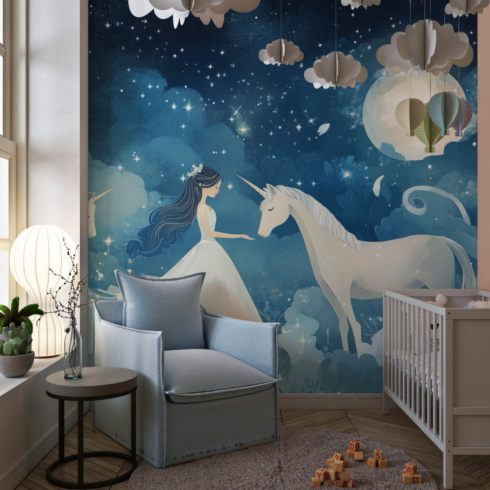 Magical unicorn wall mural in a playroom setting, kids reading corner with soft cushions