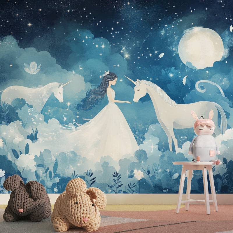 Night sky princess wallpaper brightening a nursery with stars and unicorns
