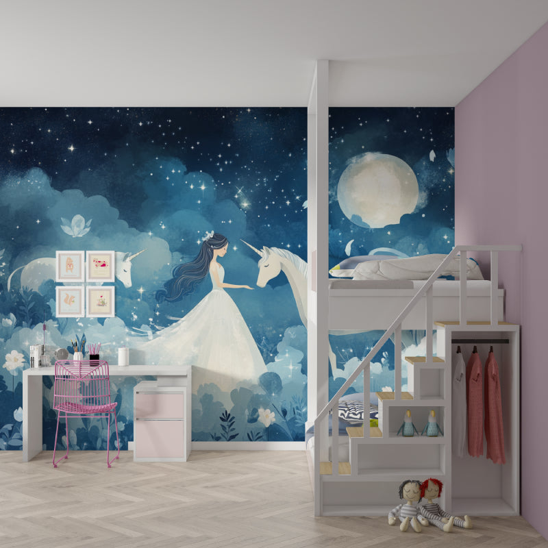 Fantasy unicorn mural in a girl's bedroom, matching blue and silver decor