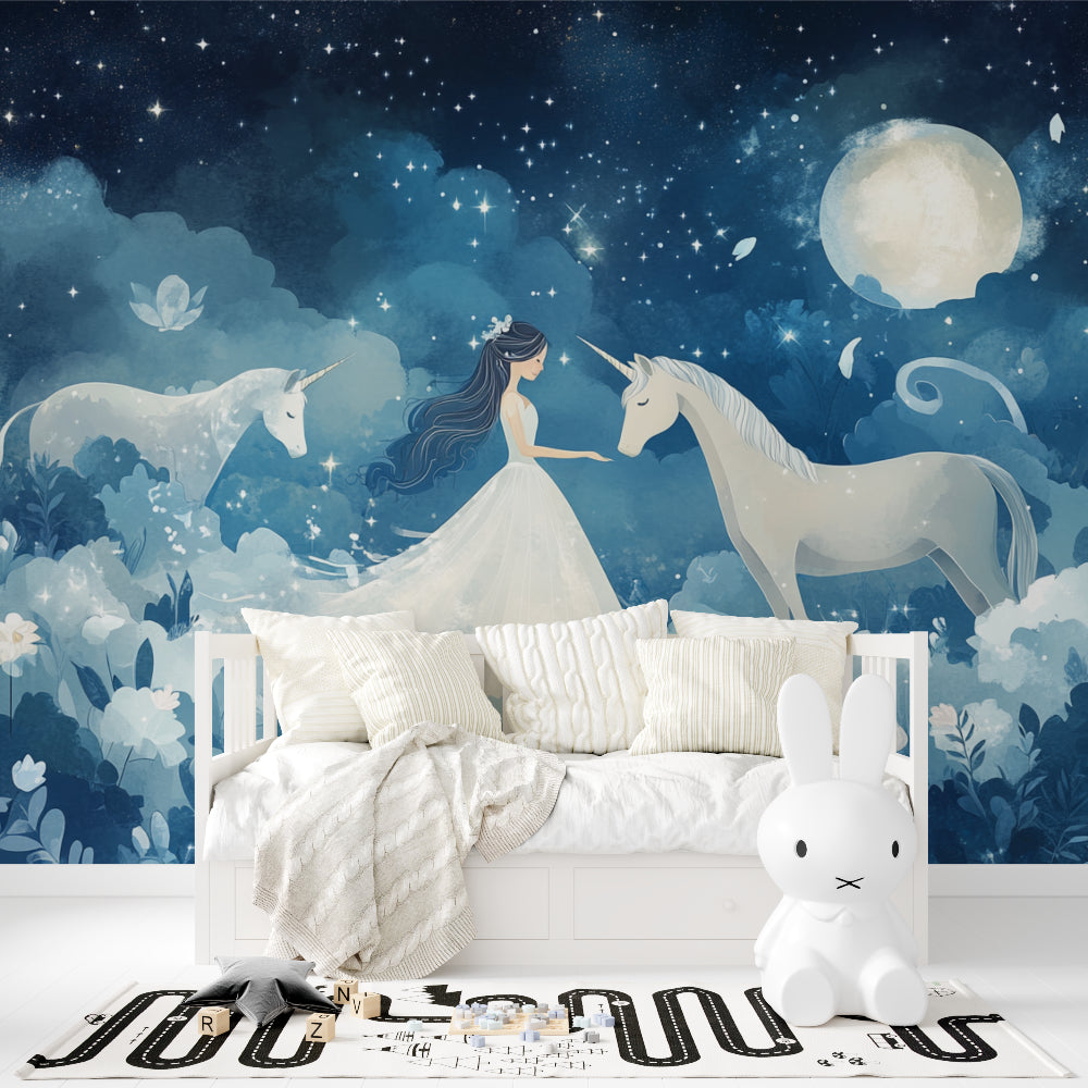 Princess and unicorn wall design in modern children's room with reading nook