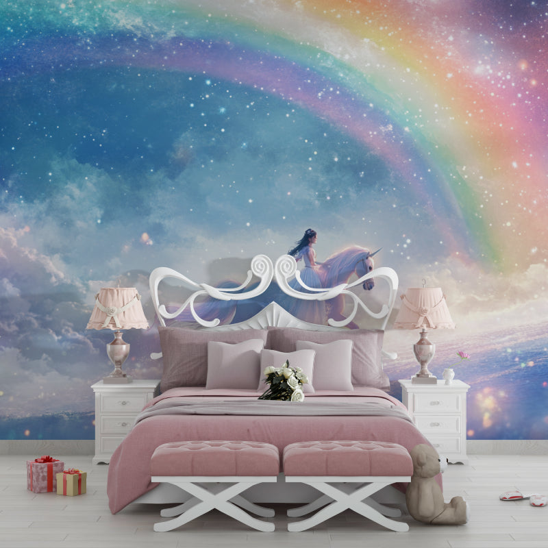 Unicorn fantasy wallpaper in a bright nursery with rainbow accents, creating a magical atmosphere