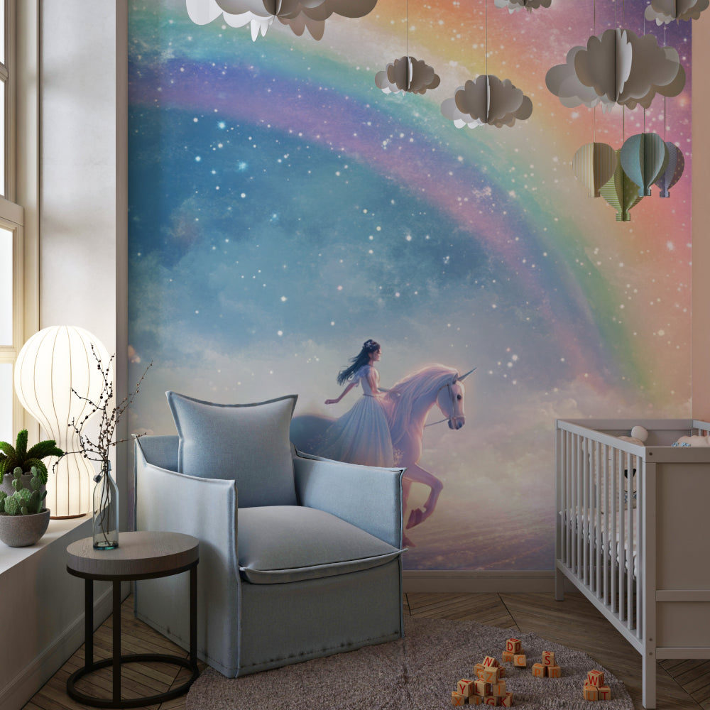 Kids bedroom with magical unicorn wallpaper showcasing rainbow fantasy design