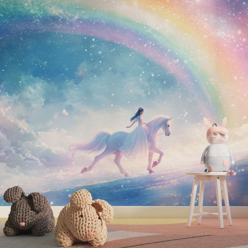 Playroom featuring unicorn rainbow wallpaper with soft dreamy colors
