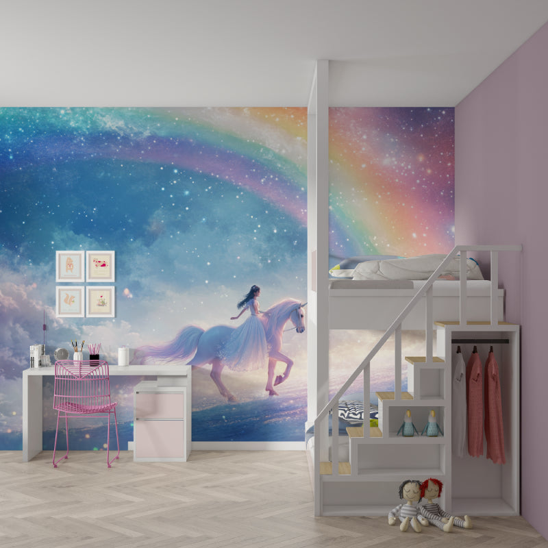 Girls room decorated with fantasy unicorn mural showing magical sky details