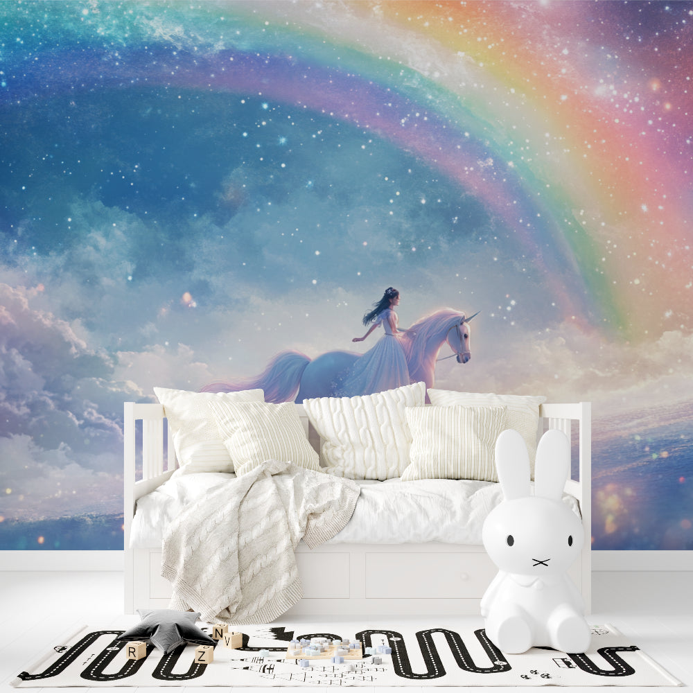 Reading nook with enchanting unicorn wall mural creating cozy atmosphere