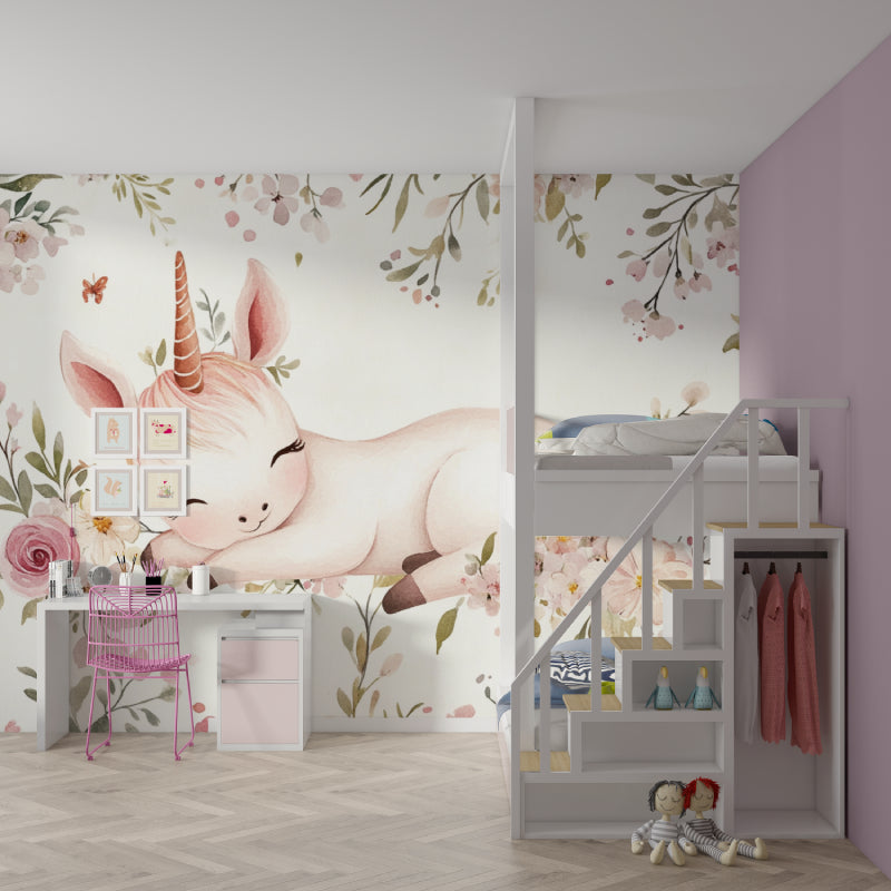 Unicorn wallpaper mural in a cozy nursery with soft lighting showing peaceful sleeping scene