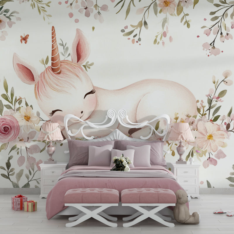 Magical unicorn mural wallpaper in playroom setting with reading nook