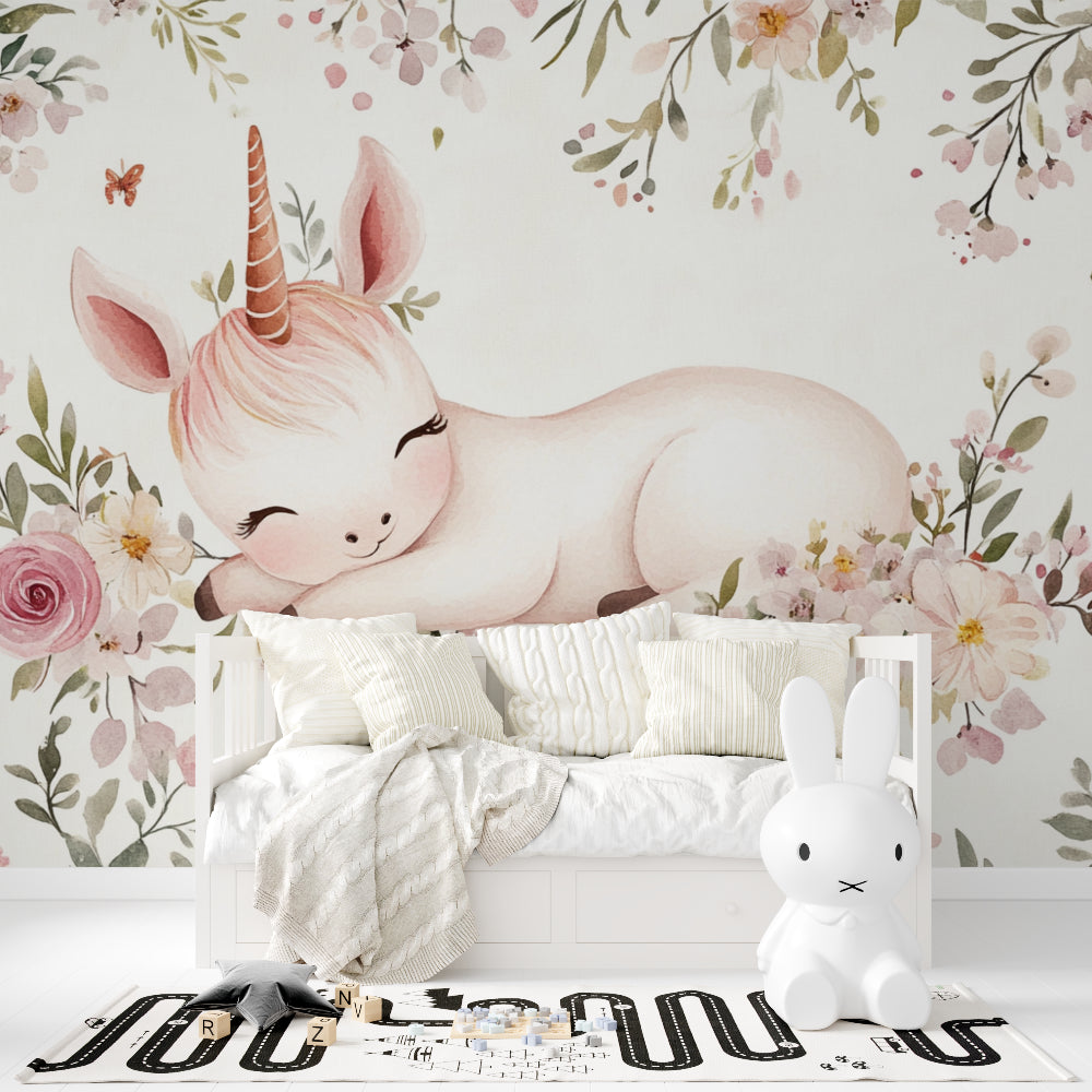 Baby unicorn wall mural in modern nursery with pink accents