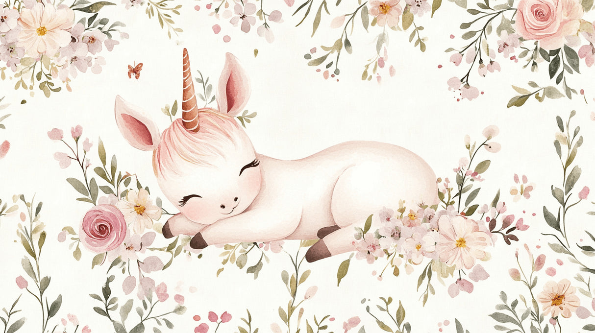 Unicorn wallpaper design file showing baby unicorn with pink flowers pattern