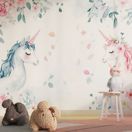 Unicorn wall mural creating magic in a bright kids bedroom with white furniture and pink accents