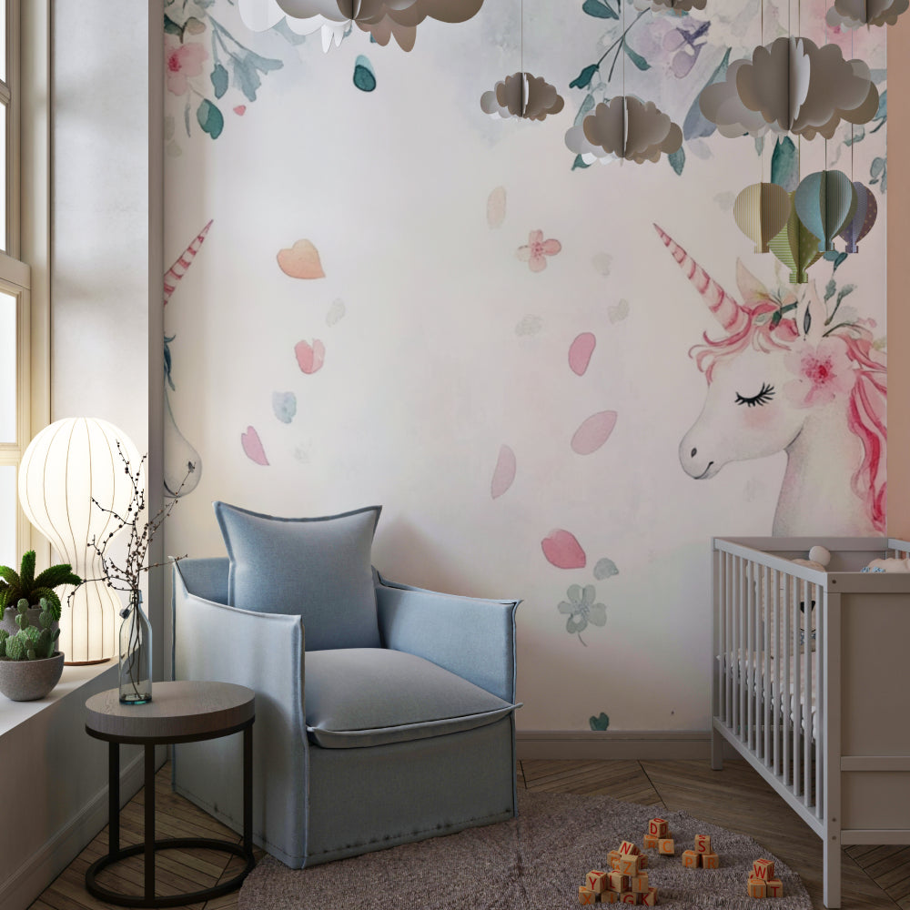 Magical unicorn mural in a girl's playroom with pastel decorations