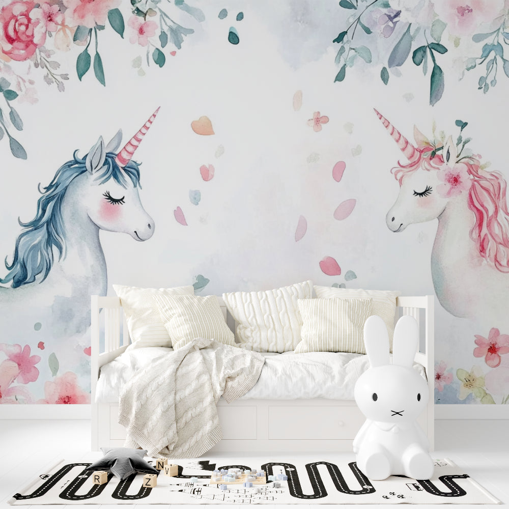 Unicorn wall design featured in a reading nook with cozy pillows