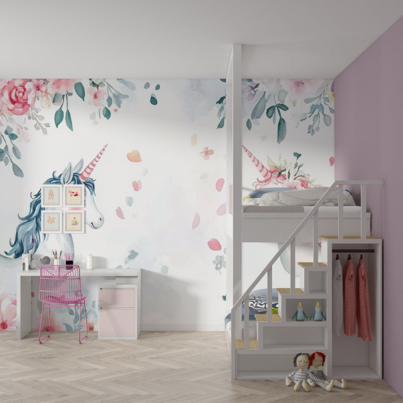Watercolor unicorn wallpaper transforming a modern kids bedroom