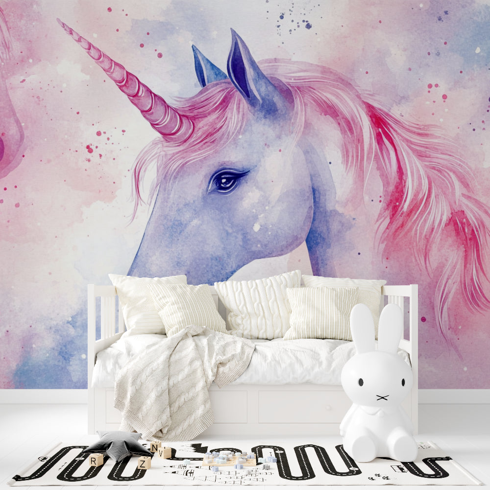 Unicorn wallpaper mural in a bright girl's bedroom, showing soft pink and blue watercolor design