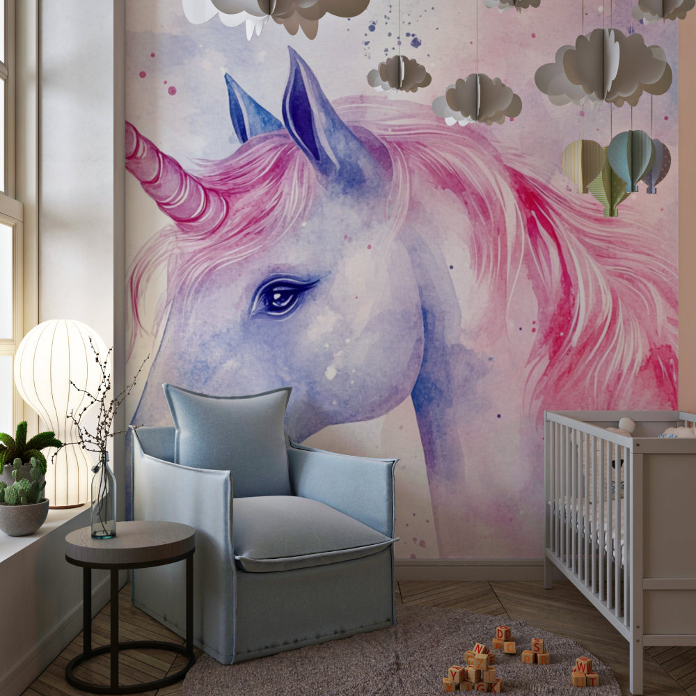 Kids playroom featuring magical unicorn wall mural with dreamy watercolor effects