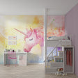 Pink Unicorn Wallpaper creating magic in a modern girl's bedroom with white furniture