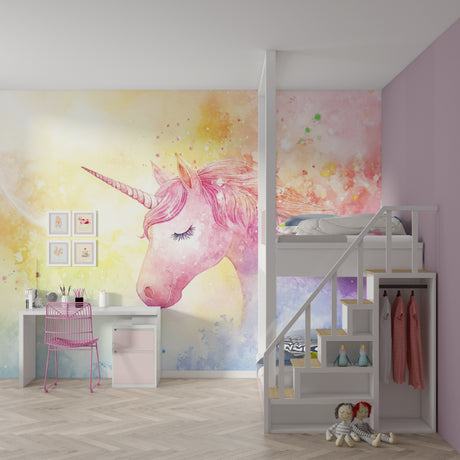 Pink Unicorn Wallpaper creating magic in a modern girl's bedroom with white furniture