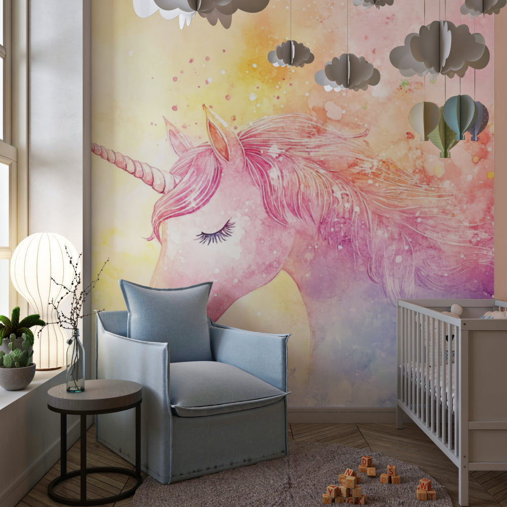 Watercolor Unicorn Mural brightening up a cozy reading nook with soft lighting
