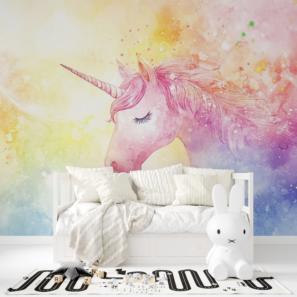 Pink Fantasy Unicorn Wallpaper in a playroom with pastel decorations