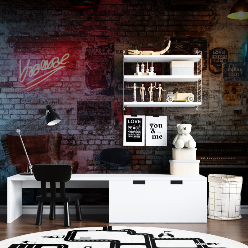 Street art mural displayed in creative workspace with industrial furniture