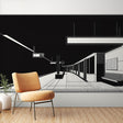 Modern Metro Station Wallpaper creating depth in a minimalist living room, black and white urban design enhancing space