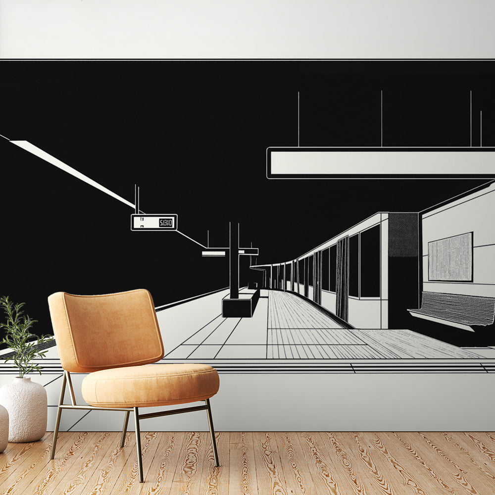 Modern Metro Station Wallpaper creating depth in a minimalist living room, black and white urban design enhancing space