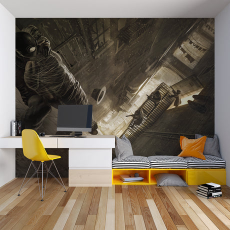 Urban industrial wallpaper in modern gaming room showing dramatic perspective and moody lighting