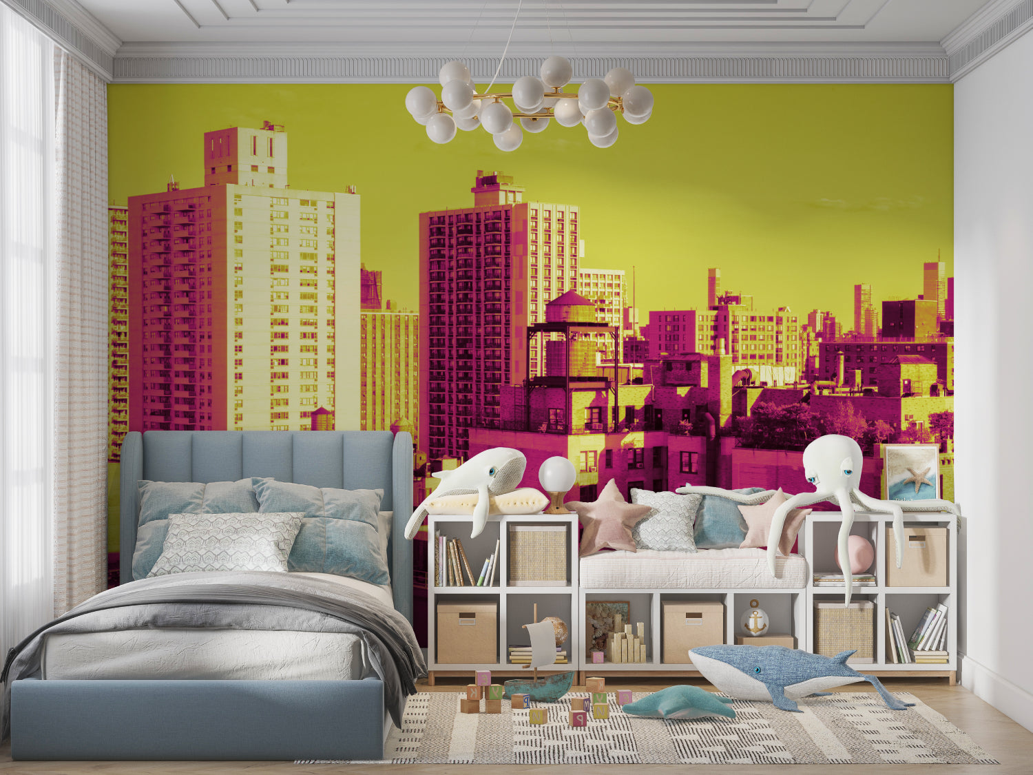 Futuristic city mural displayed in home office setting with minimalist desk setup