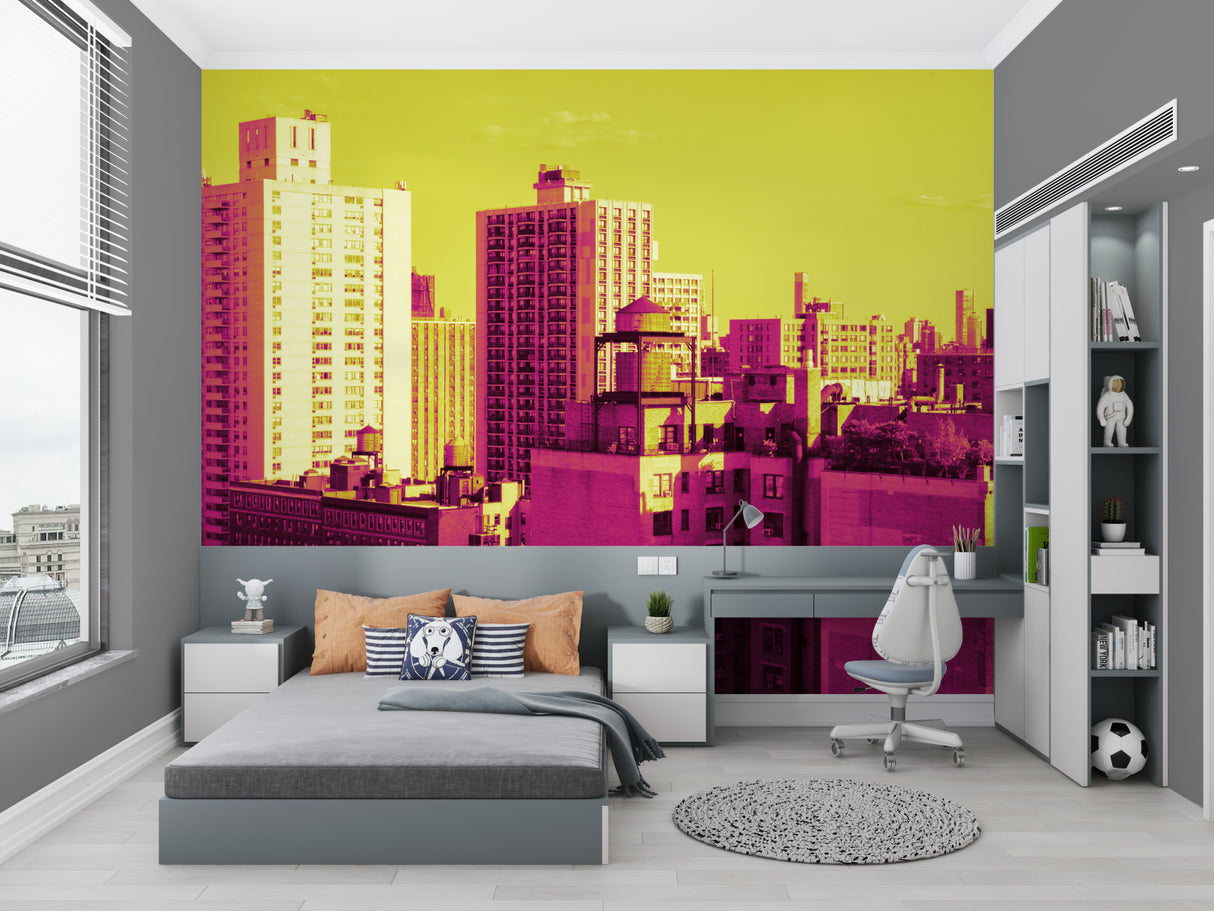 Urban wallpaper creating depth in modern dining room with contemporary furniture