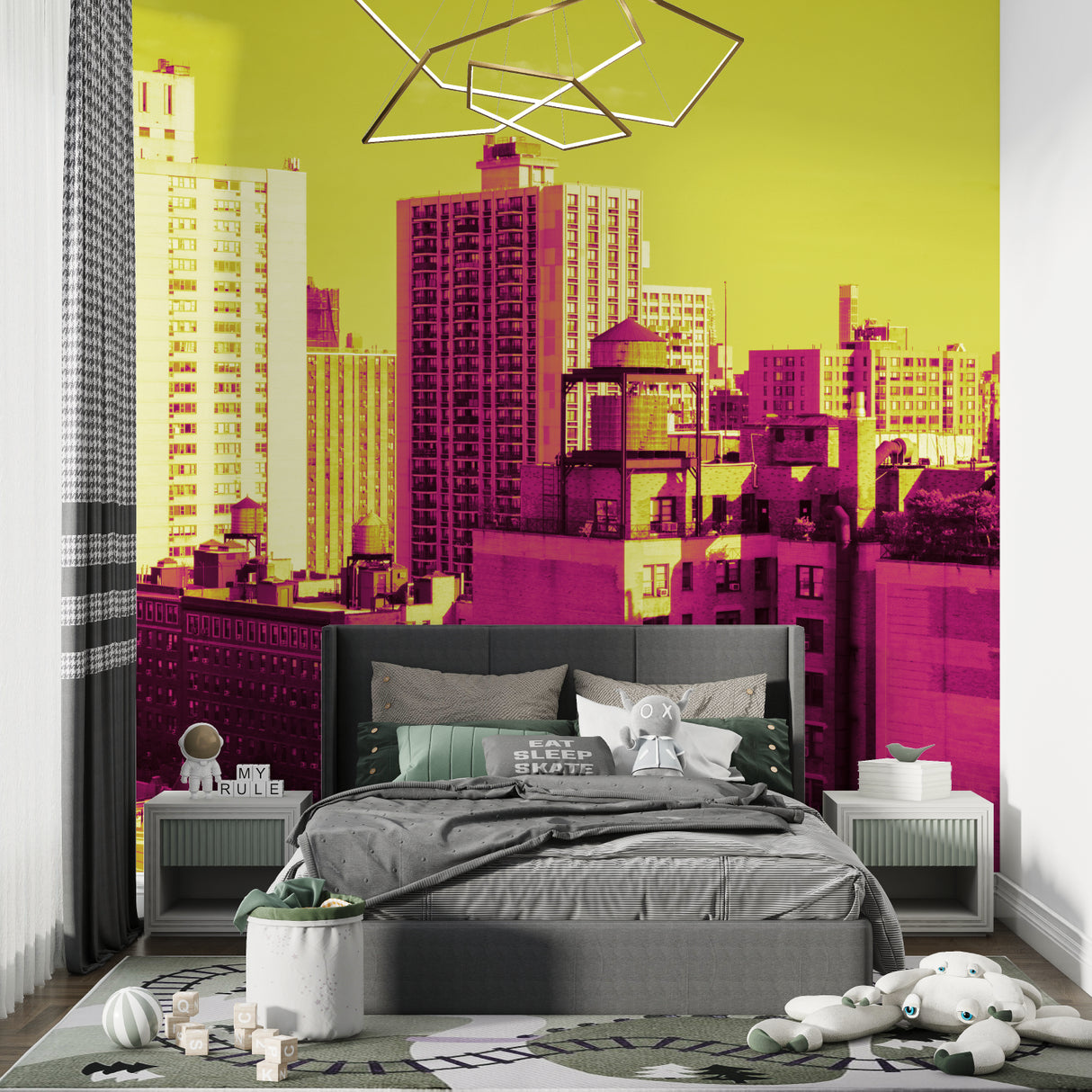 City skyline mural in teenage bedroom showing scale and impact