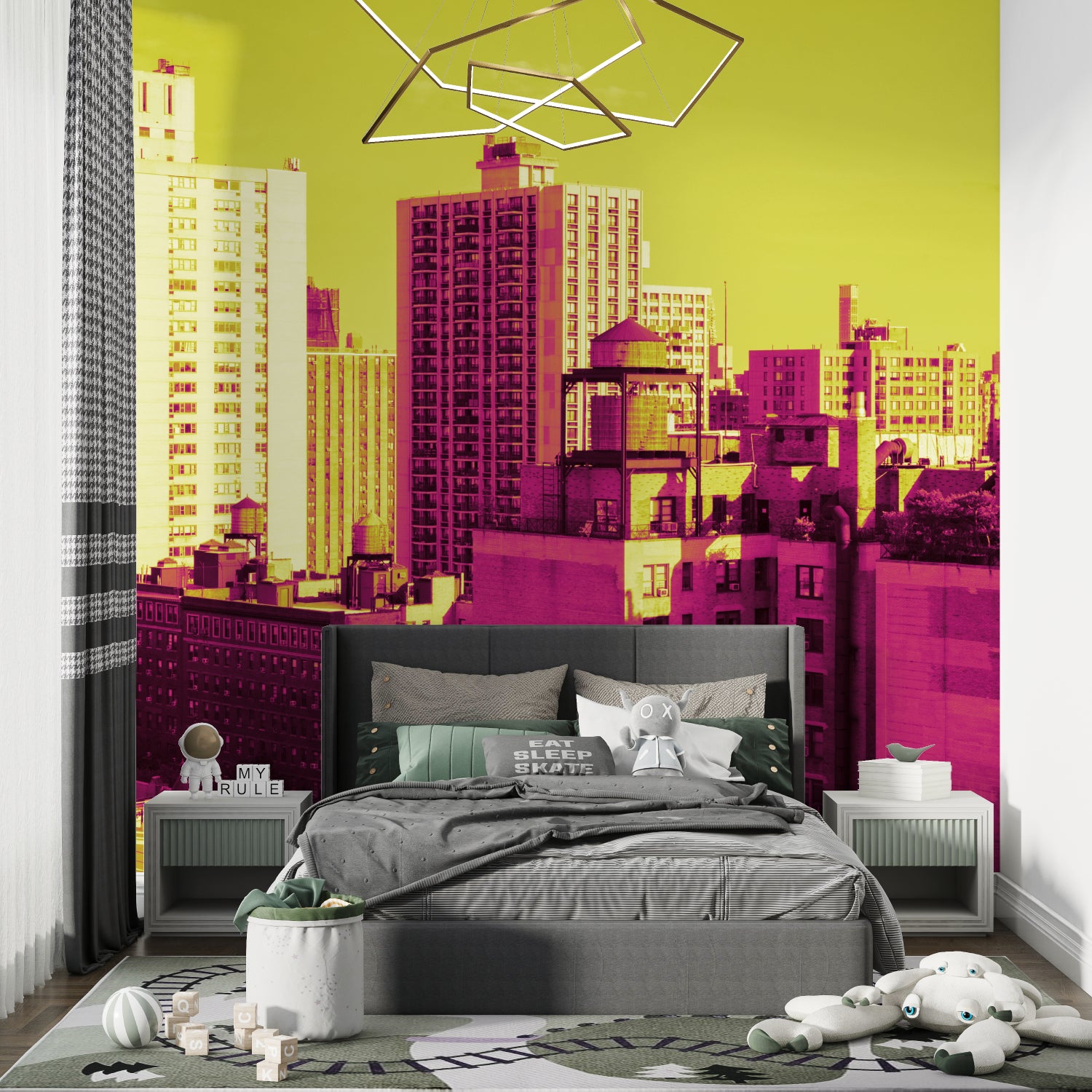 City skyline mural in teenage bedroom showing scale and impact