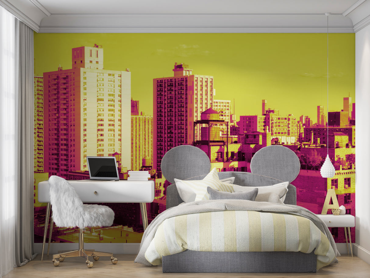 Modern architectural wallpaper featured in contemporary apartment entrance