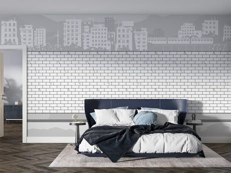 Modern white brick wallpaper with city skyline in a bright contemporary living room setting