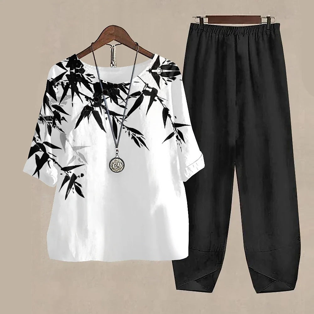 Forest Print Loungewear Set Black and White Two-Piece Cotton Set - Product example
