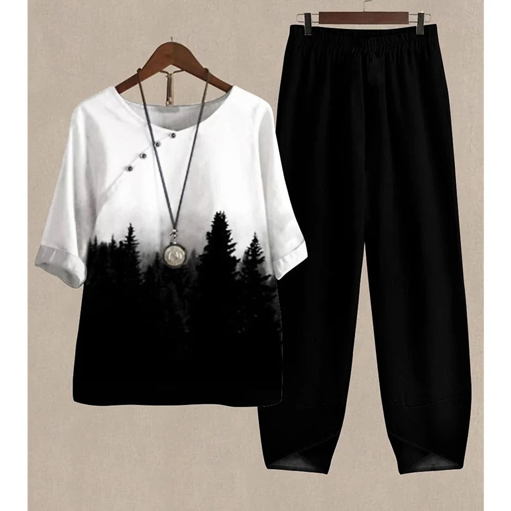 Forest Print Loungewear Set Black and White Two-Piece Cotton Set - Product showcase