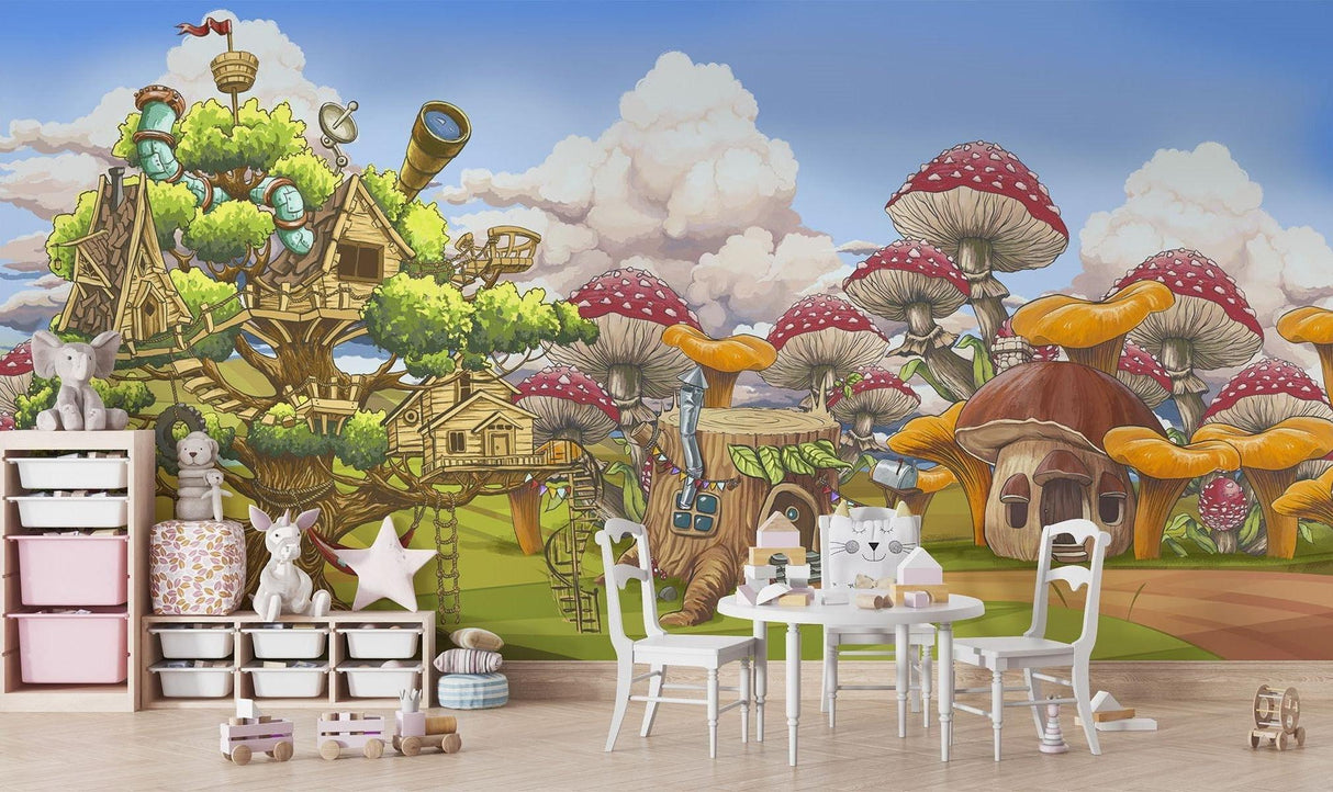 Papier Peint Mural Cabane Fantaisie | Aventure Forêt Magique aux Champignons