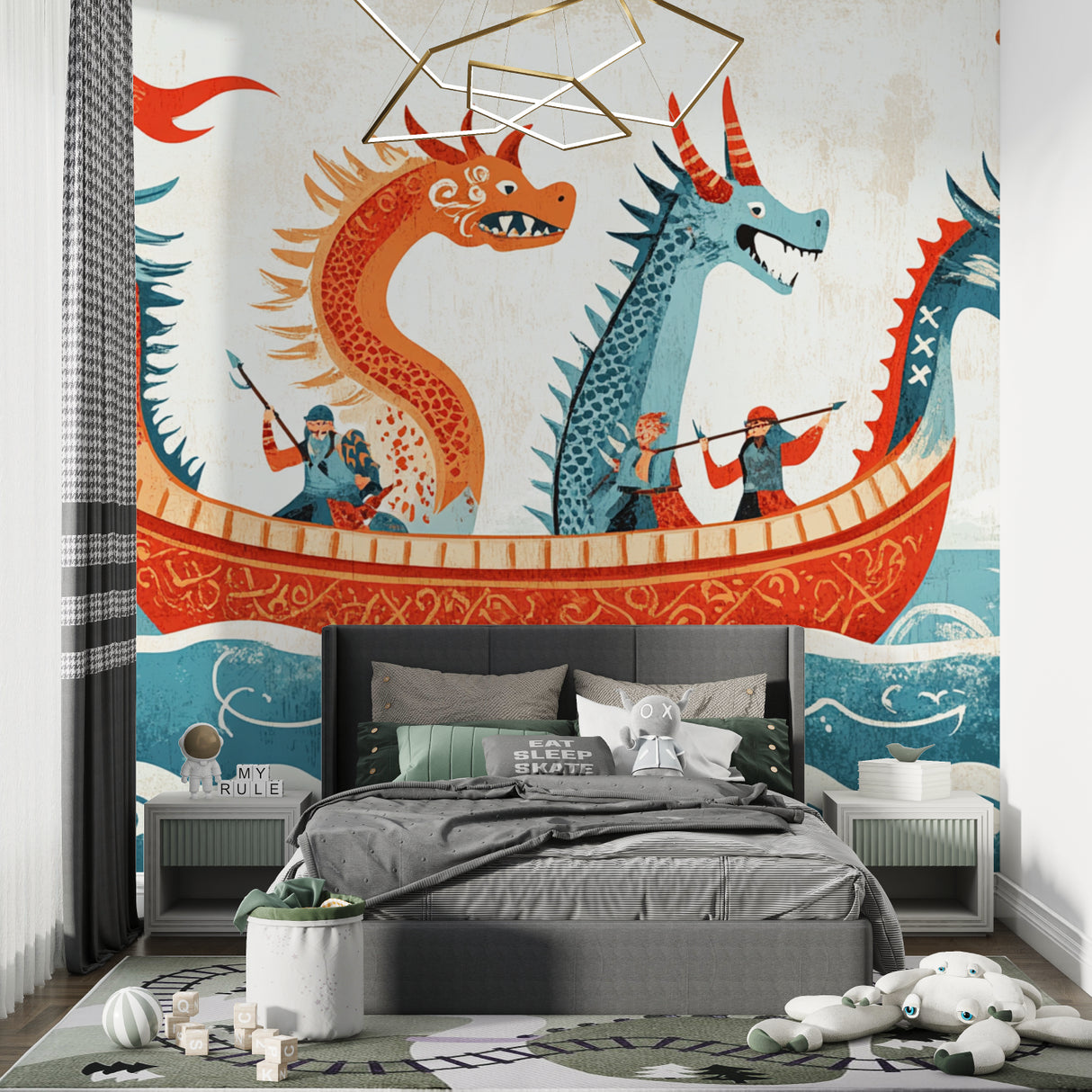 Viking ship wallpaper creating adventure vibes in a modern kids bedroom with blue and orange accents
