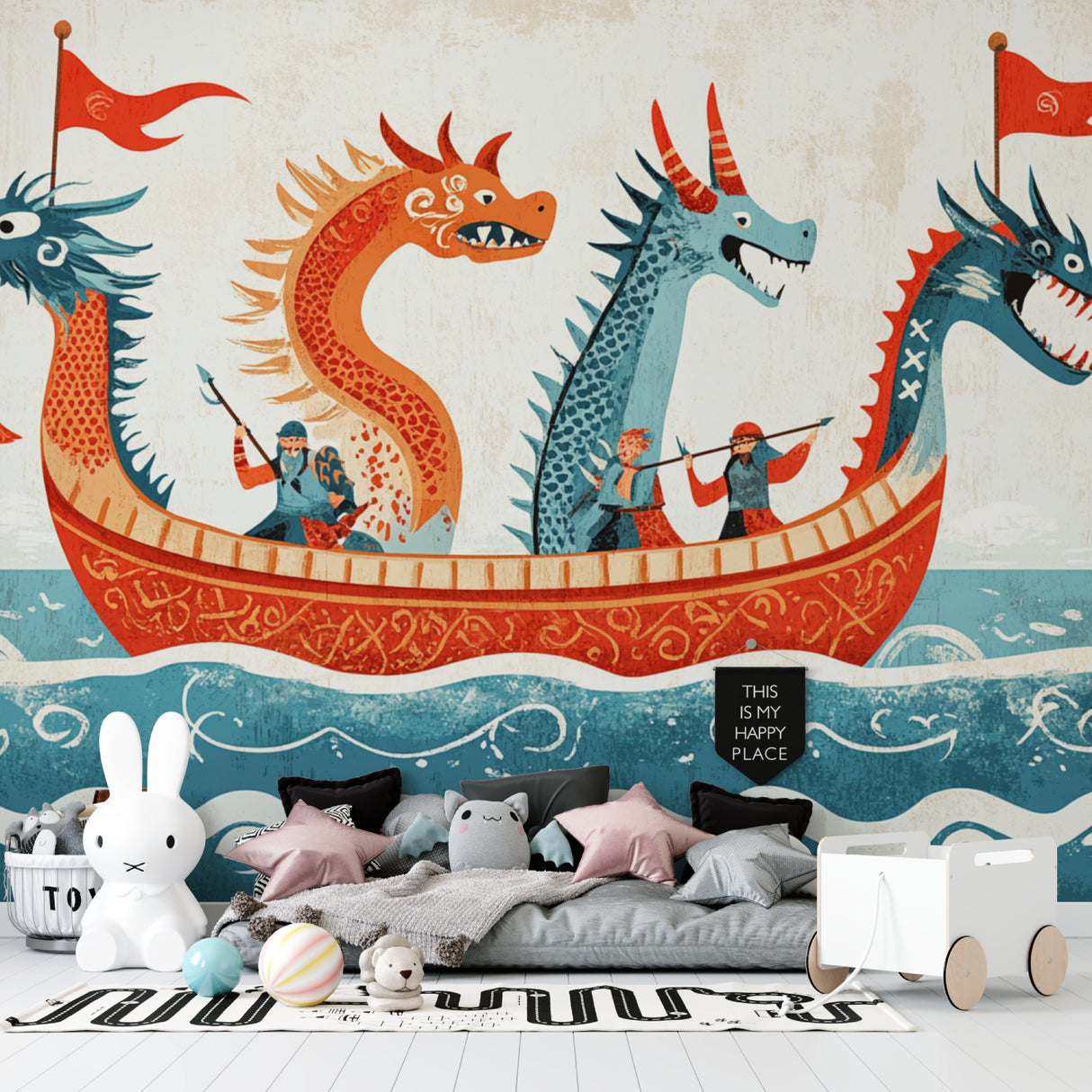 Dragon adventure mural transforming a playroom with nordic-inspired design elements