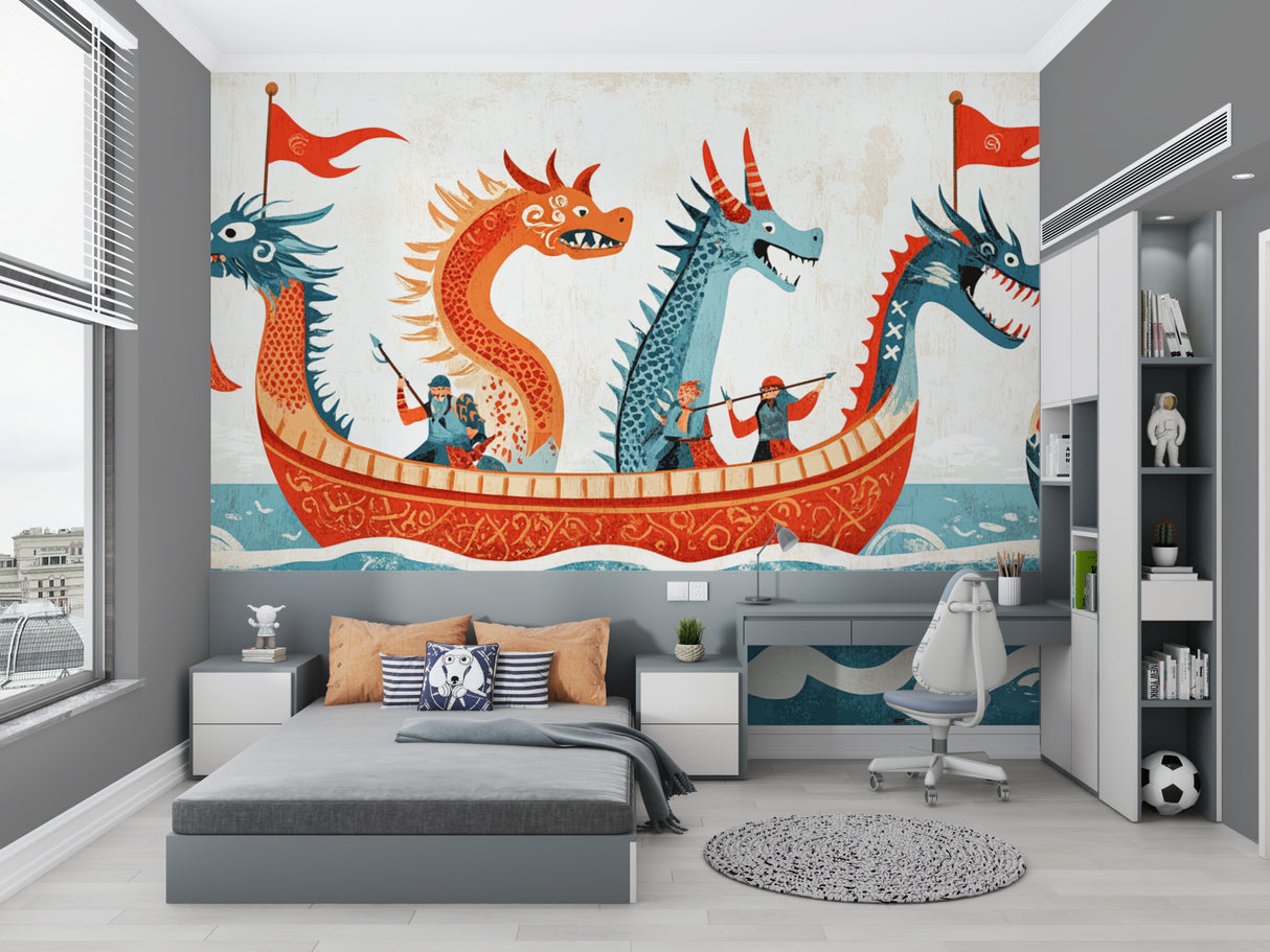 Viking themed wall mural bringing warmth to a minimalist children's study area