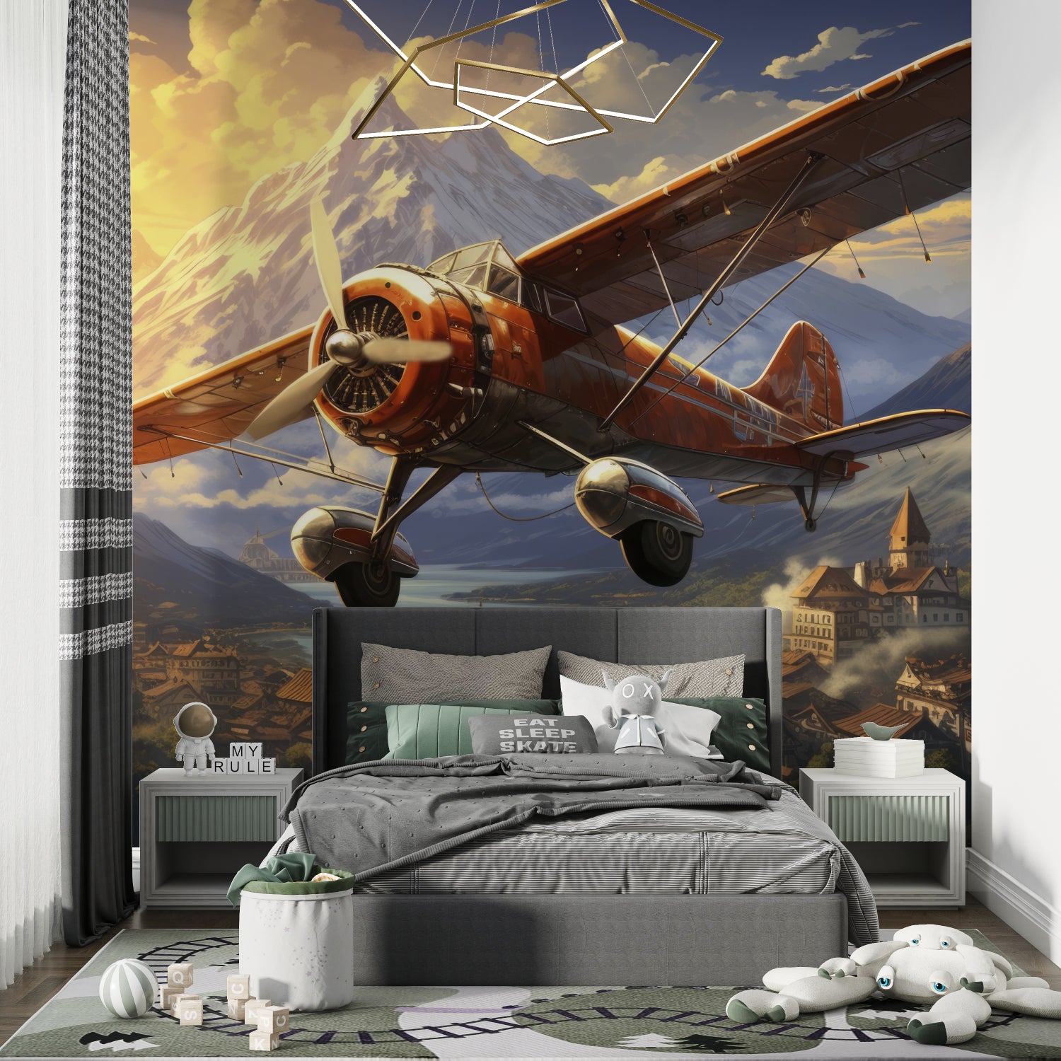 Airplane wallpaper transforming a playroom into an adventure zone with golden mountain scenery