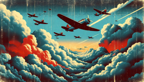 Vintage aviation wallpaper design file showing detailed retro airplanes soaring through sunset clouds