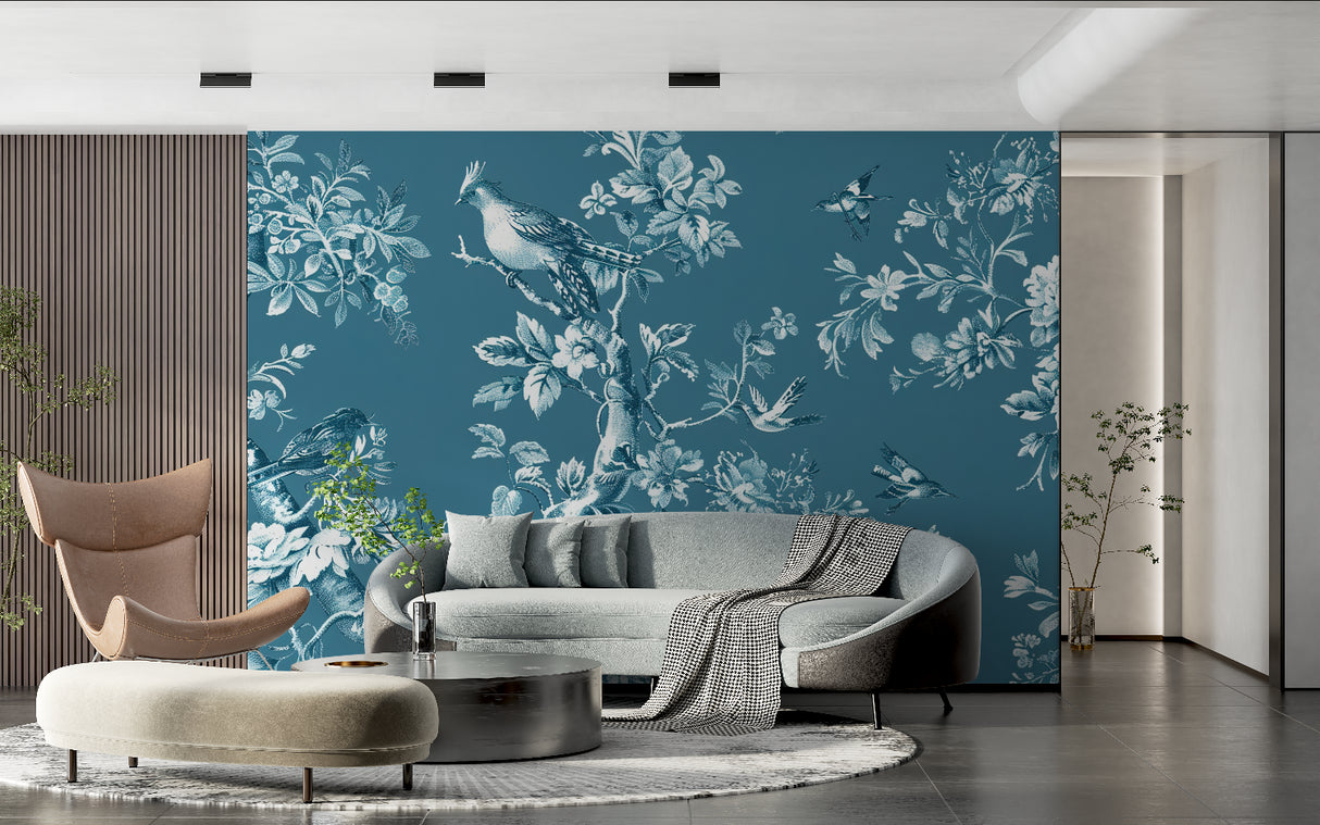 Blue vintage wallpaper in hallway showing full pattern scale