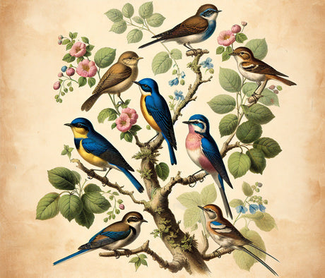 Vintage bird wallpaper creating a peaceful atmosphere in a bright dining room with natural light