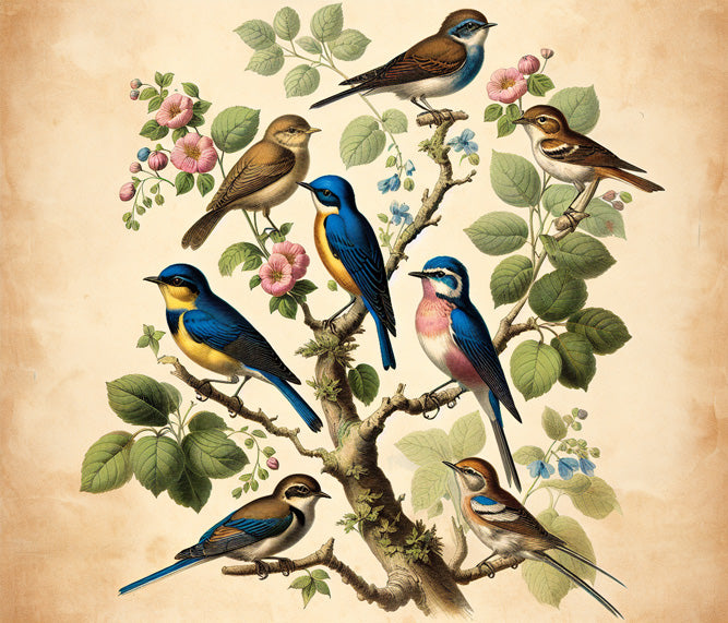 Vintage bird wallpaper creating a peaceful atmosphere in a bright dining room with natural light