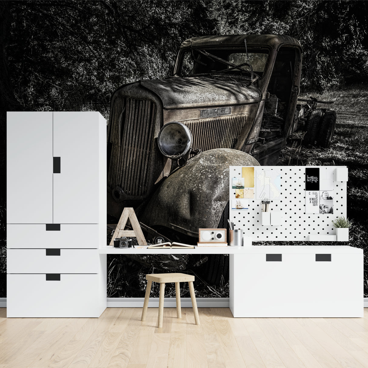 Vintage car wallpaper in modern minimalist living room showing dramatic black and white contrast