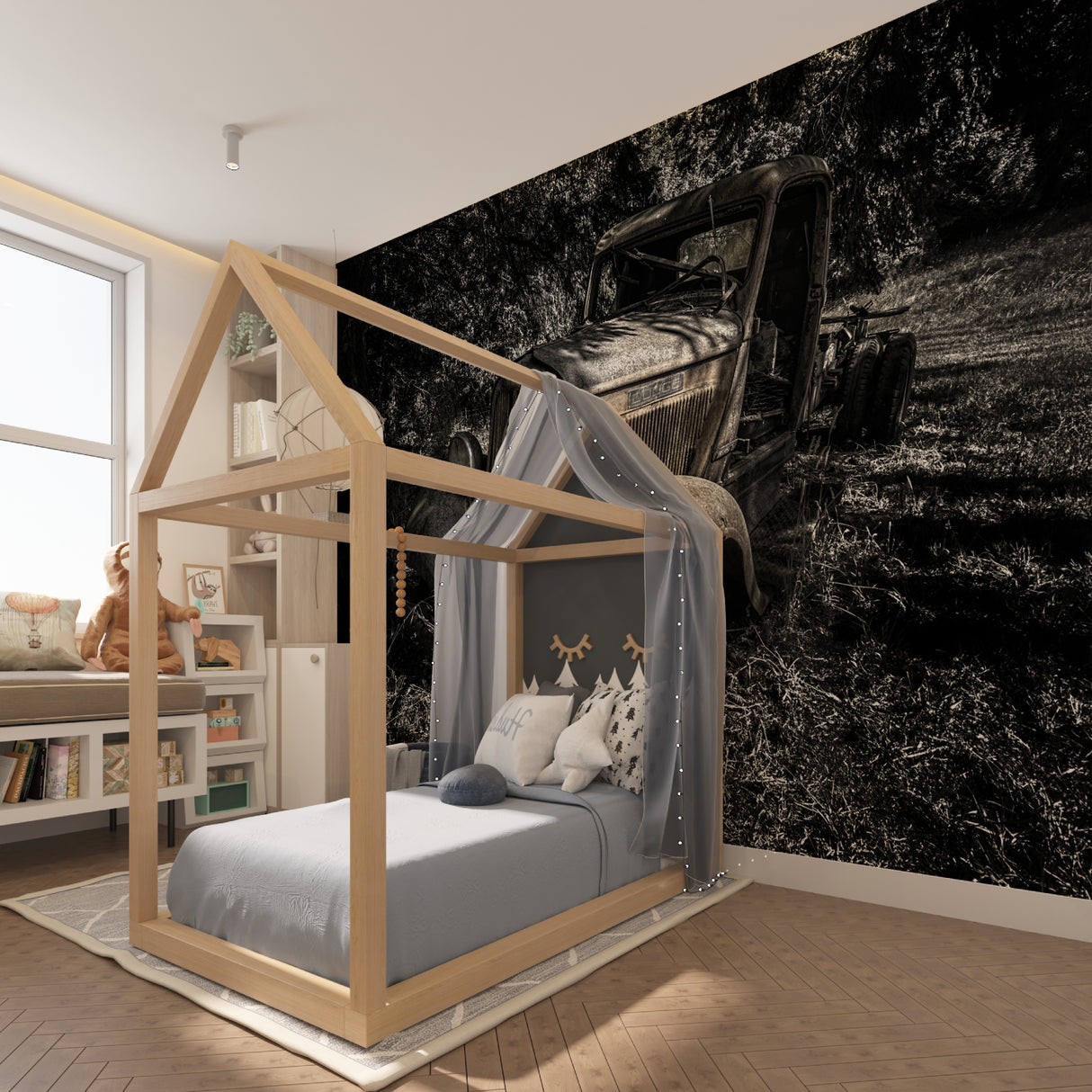 Classic auto mural creating focal point in industrial-style home office